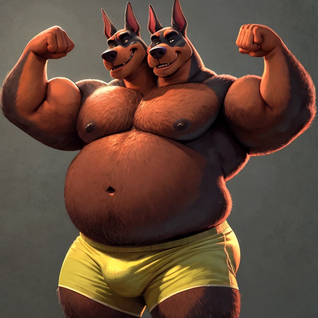 solo, doberman pinscher, three identical heads on one body, black and brown fur, bald, doberman pinscher ears, masculine, necks, (eyes), adult, male, 50 years old, (stylized 3d, by disney, by rembrandt, by pixar, by dramamine), obese, solid gray background, (shirtless, underpants), correct hands, correct anatomy, ultradetailed, best quality, detailed masterpiece, highly detailed masterpiece, 4k, (professional cartoon), natural pose, detailed expressions, flexing