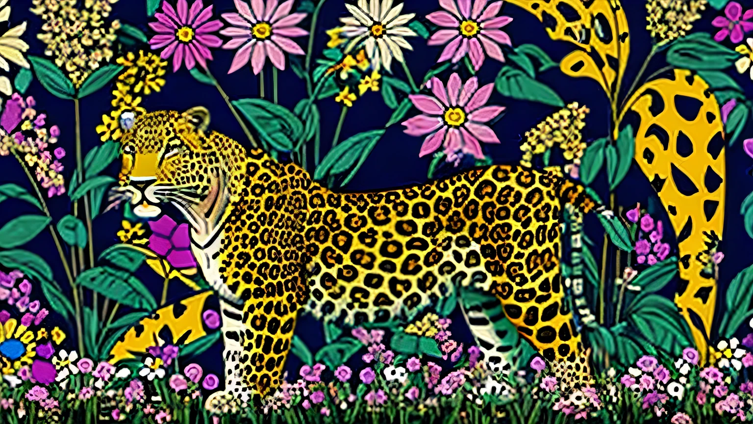 A full-length leopard sits regally among flowers, with a pop art painting by Annabel Kidston, winner of the behance competition, "naive art", "maximalism", "fauvism", "pop art".