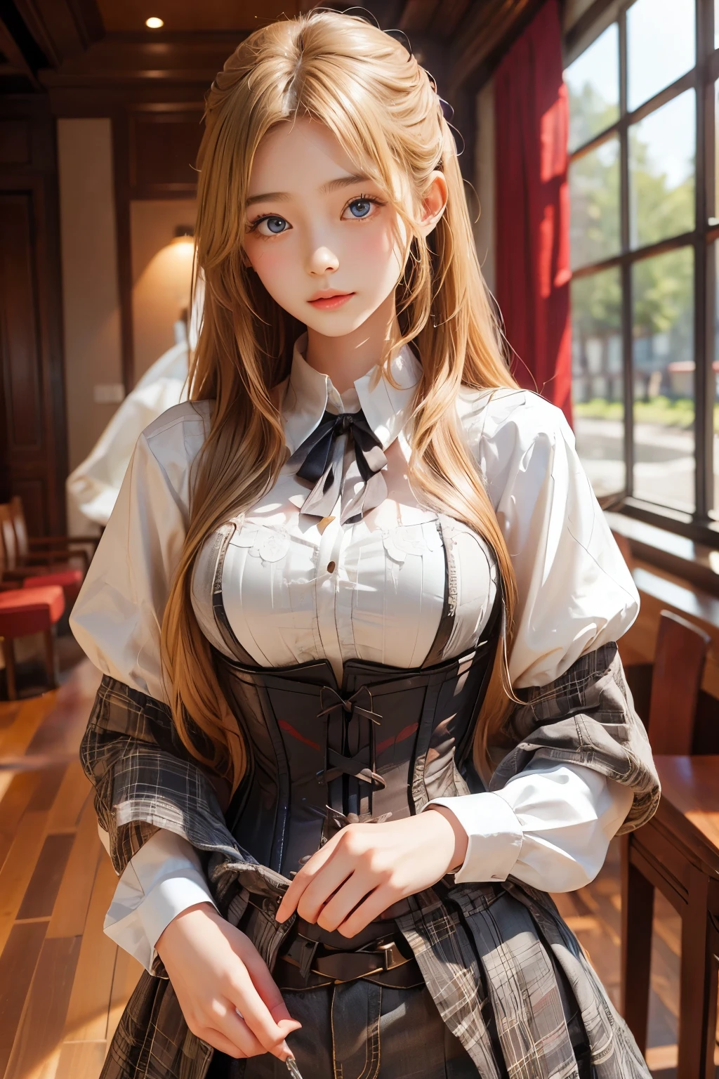 (highest quality, masterpiece: 1.1), (Faithfulness: 1.4), 1 girl, Upper Body, Long blonde hair, 5 star hotels, corset, Dirty clothes