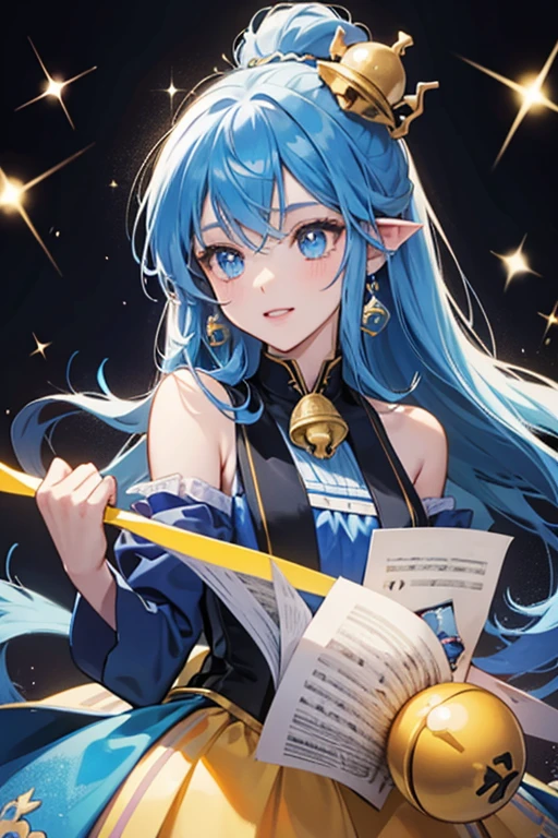 sHe is blue and shaped like a bell with a yellow music note on her head, round dark blue ears, and a red tie. SPARKLE; GLITTER