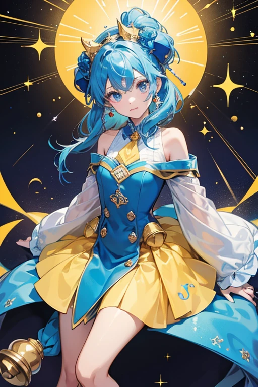 sHe is blue and shaped like a bell with a yellow music note on her head, round dark blue ears, and a red tie. SPARKLE; GLITTER