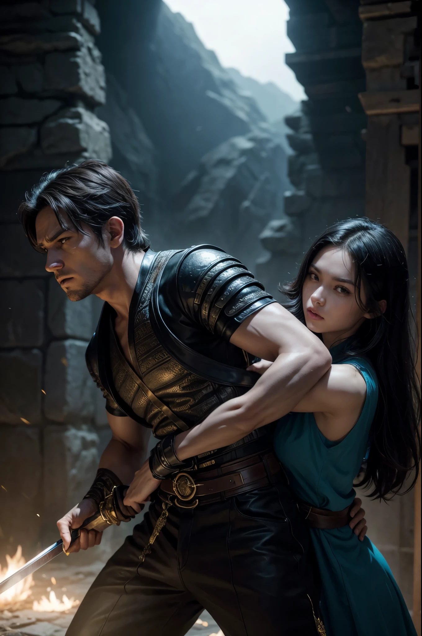 a man (thief) and a woman (swordsman) fighting together against an empire, highly detailed, cinematic lighting, dramatic action pose, epic fantasy scene, vibrant colors, volumetric lighting, intricate details, masterpiece,4k,8k,highres, (best quality,4k,8k,highres,masterpiece:1.2),ultra-detailed,(realistic,photorealistic,photo-realistic:1.37)