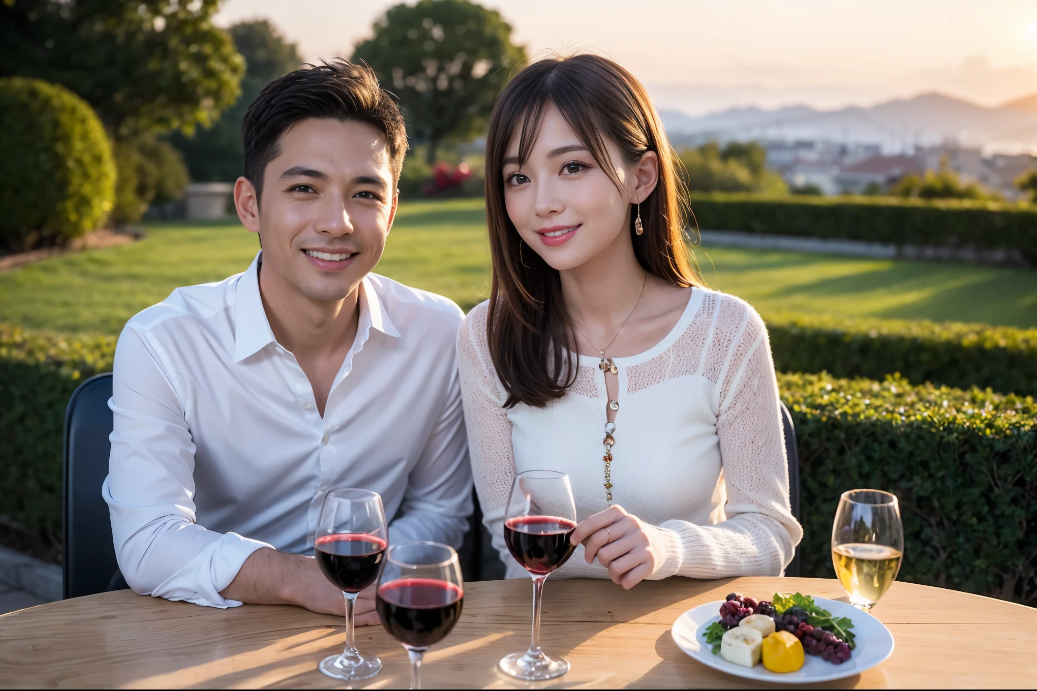 ((highest quality、8k、masterpiece:1.3))、 (Realistic, Real、Bright image、Intricate details:1.2), 1 male 1 female、Kimura Fumino-like beautiful couple、lover、couple、spouse、Beautiful couple、Happy smile、full-course dinner、 (Slim face), (Slim Body), (Brown Hair), (Short Hair), テーブルの上のwine glass、Please put light on my face、 Amazing view of the sunset sky and clouds、 (Age 42), 39 years old, red wine 、Appetizers、Wine bottle、sparkling wine、Long sleeve shirt、dress、White wine, red wine, wine glass,