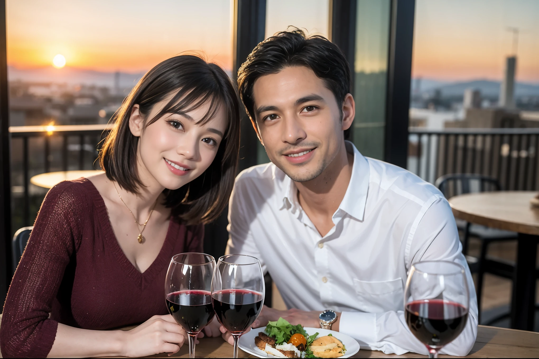 ((highest quality、8k、masterpiece:1.3))、 (Realistic, Real、Bright image、Intricate details:1.2), 1 male 1 female、Kimura Fumino-like beautiful couple、lover、couple、spouse、Beautiful couple、Happy smile、full-course dinner、 (Slim face), (Slim Body), (Brown Hair), (Short Hair), テーブルの上のwine glass、Please put light on my face、 Amazing view of the sunset sky and clouds、 (Age 42), 39 years old, red wine 、Appetizers、Wine bottle、sparkling wine、Long sleeve shirt、dress、White wine, red wine, wine glass, 