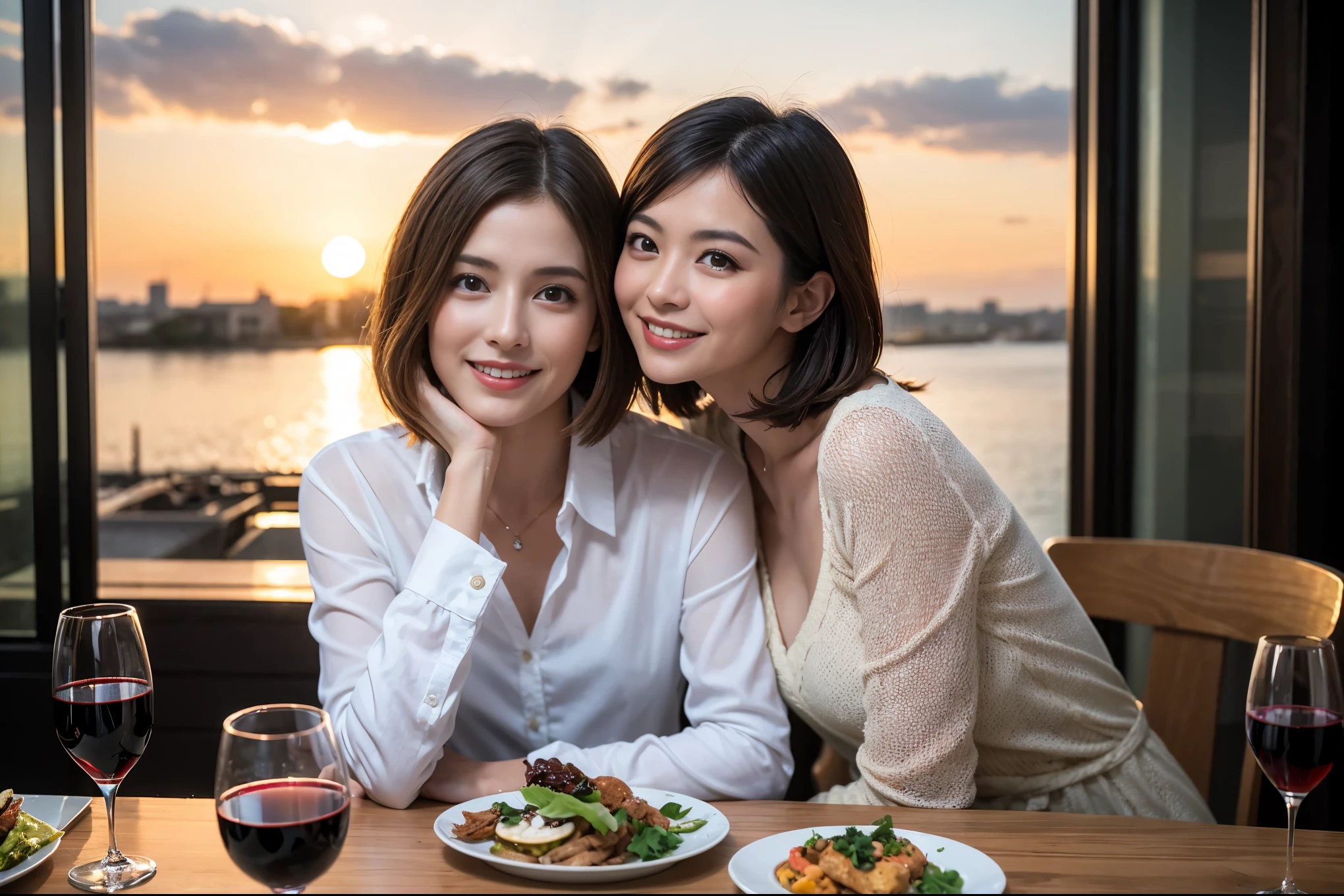 ((highest quality、8k、masterpiece:1.3))、 (Realistic, Real、Bright image、Intricate details:1.2), 1 male 1 female、Kimura Fumino-like beautiful couple、lover、couple、spouse、Beautiful couple、Happy smile、full-course dinner、 (Slim face), (Slim Body), (Brown Hair), (Short Hair), テーブルの上のwine glass、Please put light on my face、 Amazing view of the sunset sky and clouds、 (Age 42), 39 years old, red wine 、Appetizers、Wine bottle、sparkling wine、Long sleeve shirt、dress、White wine, red wine, wine glass, 