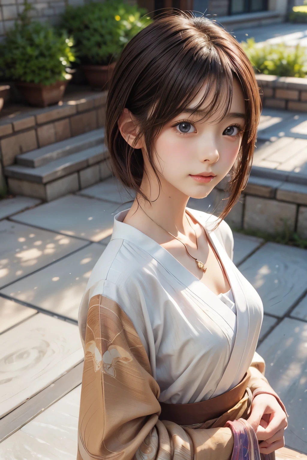 Final Fantasy (Yuna) Anime girl with brown hair and a white kimono wearing a necklace, Beautiful character drawings, Soft animation CG art, Realistic anime art style, Beautiful anime portraits, Beautiful Anime Woman, Photorealistic anime girl rendering, makoto shinkai and artgerm, Realistic 3D anime style, Anime realism style, Anime style digital art, Beautiful Anime Girls