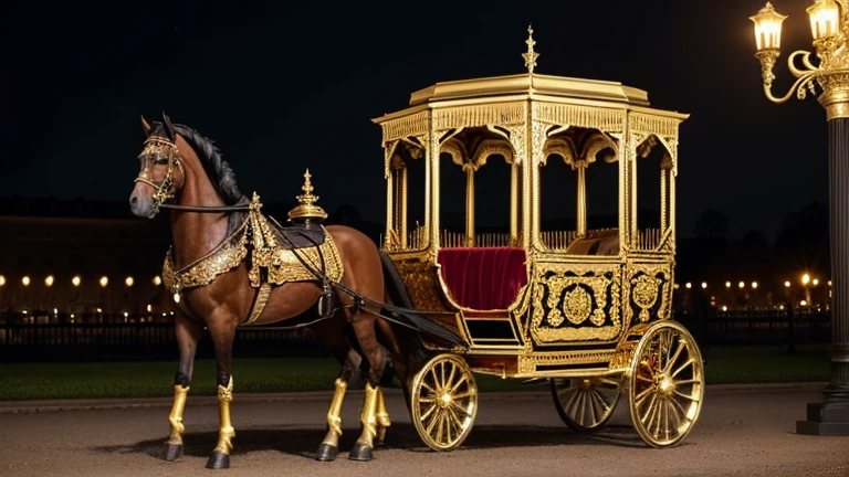 front view, There is a two-horse carriage,Two horses are pictured, night, in front of the royal palace, The carriage seats four people, Go everywhere－It is elegantly decorated,  cinematic lighting, arafed carriage with gold decoration on the front of a building, carriage, chariot, elegant and ornate, ornate with gold trimmings, exquisitely ornate, ornate and elegant, ornate gold, highly ornate, victoriana, gilded with gold, regency-era, extremely opulent, ornate gilded details, ornate and flowing, carriage made of pumpkins, ornate and detailed