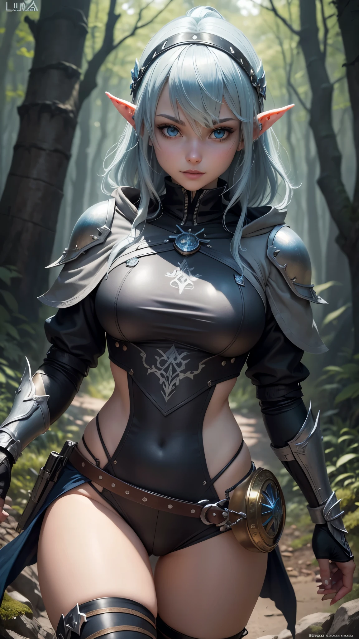 androide 18,yorha 2b,tracer,y'shtola rhul, Lord of the Rings,Warcraft,de cerca,bosque de invierno,magic elf forest,tatuajes de runas,plugsuit verde real y dorado,maillot manga corta elfo del bosque,capa de elfo real,armadura de elfo del bosque,micro shorts de licra,vientre descubierto,pelo corto de elfo,maquillaje de guerra,blue eyes,cabello plateado multicolor,guantes largos elfos,sonrisa sexy,pecas,hermosa chica,botas altas de elfo,Pechos grandes,8K,ultra detallado,realista,fantasy art,armadura vikinga,horquilla para el cabello,perforaciones en las orejas,(clima:lluvioso),1 chica,orejas de elfo,sosteniendo una daga de elfo,