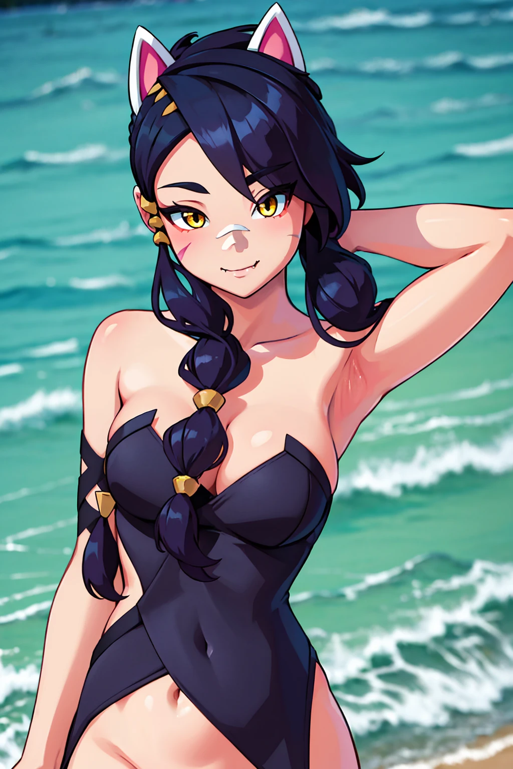 Erisa, 1girl, solo, long hair, looking at viewer, black hair, bandaid on face, yellow eyes, animal ears, smile, bandaid on nose, braid, cat ears, bandaid, bangs, breasts, fake animal ears, simple background, fang, bare shoulders, scar, bare shoulders, closed mouth, hair over one eye, portrait, hair over shoulder, legs, seductive, bathing suit, 2 piece swimsuit, beach, realistic, highly detailed face, detailed eyes, best quality, masterpiece, ultra detail, ultra high res, extreme detail, 8k, uhd, voluptuous