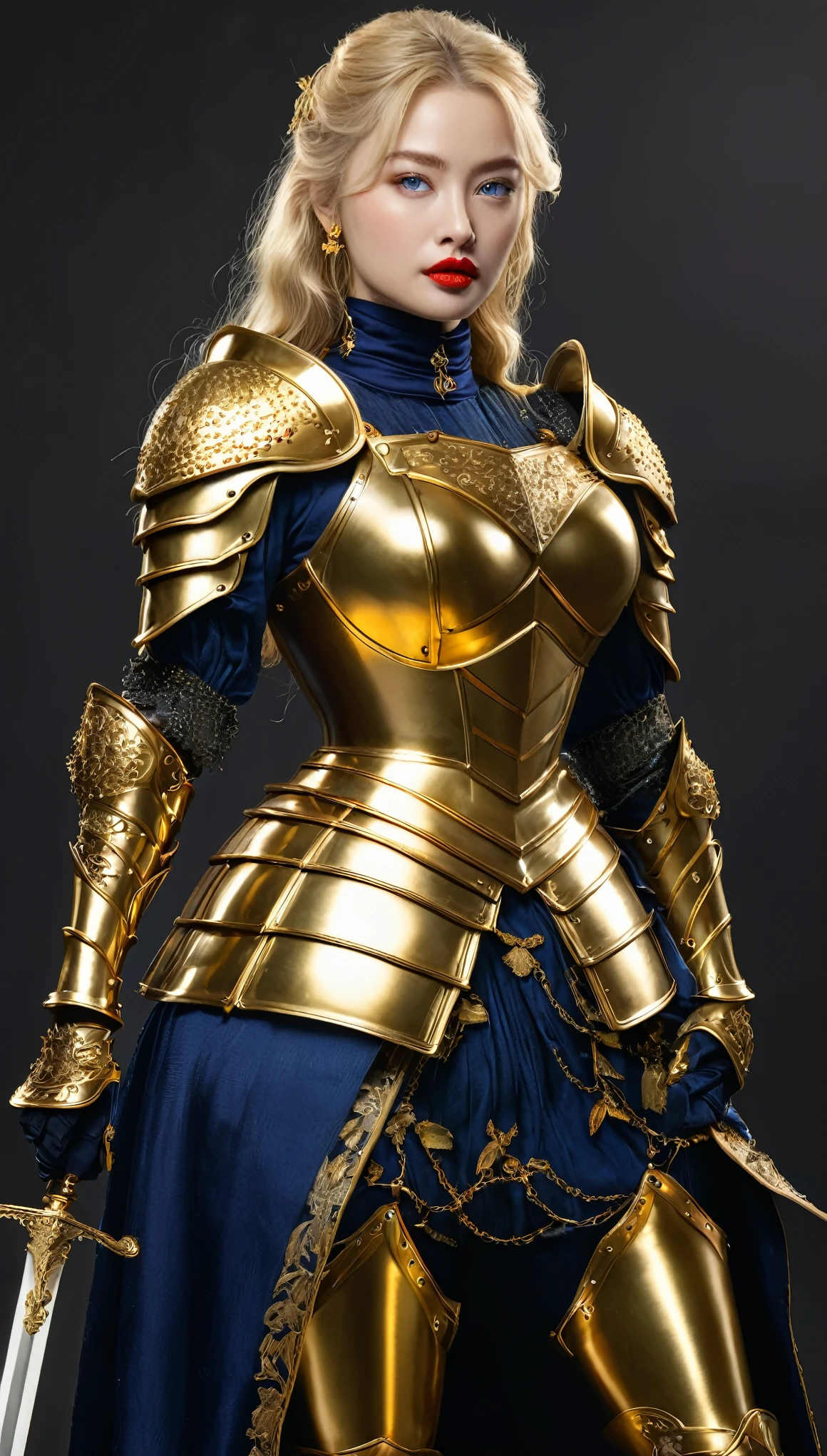 masterpiece,highest quality,Excellent,(female knight_female knight:1),(Full body golden armor:1.3), (35歳のfemale knight:1.3),、Big and ample breasts, Big Breasts,Big Breasts,belly button,Hyper Real,中世ヨーロッパの都市のbattlefieldにいる,Expressionless,、British women、Delicate skin texture to the smallest detail 、(Detailed blue eyes)、(Chubby body type))、(Very large)、Middle-aged women、(ふわふわblondeの長い髪)、Wheat tanned skin、(blonde)、Very large、European female knight、Big Breastsの谷間、豪華に装飾されたFull body golden armor、Medieval witch、High Leg、Golden long boots with flashy decorations、Deep neckline、Pure gold and jewellery necklaces and collars、Big gold earrings、Bright red lips、豪華なFull body golden armorを着て、Gold Long Gloves、She has a big long sword、The sword is ornately decorated..........................、The blade is pitch black、(female knight)、(battlefield)、