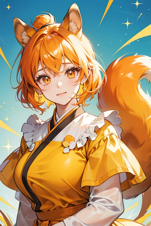 Risutchi is a yellow girl squirrel with an orange patch on the top of her head. she have big teary eyes. SPARKLE; GLITTER