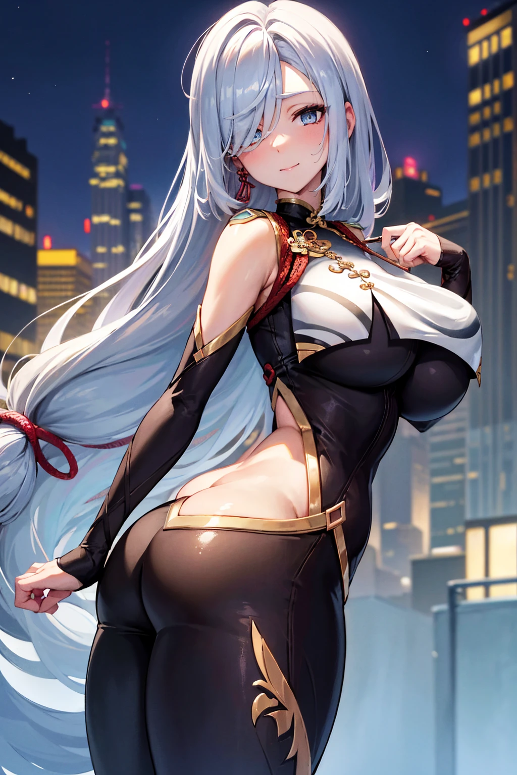 ShenheV4, tight pants, sportswear, butt, seductive, thick thighs, night city view, realistic, best quality, masterpiece, ultra detail, ultra high res, extreme detail, skin tight outfit, seductive, realistic, best quality, masterpiece, ultra detail, ultra high res, extreme detail, 8k, round ass, perfect face, detailed face, extreme detail, voluptuous, realistic, 1girl, solo, long hair, looking at viewer, smile, big breasts, night city background, butt, bare shoulders, tight shirt, closed mouth, portrait, skin tight outfit, silver hair, ass