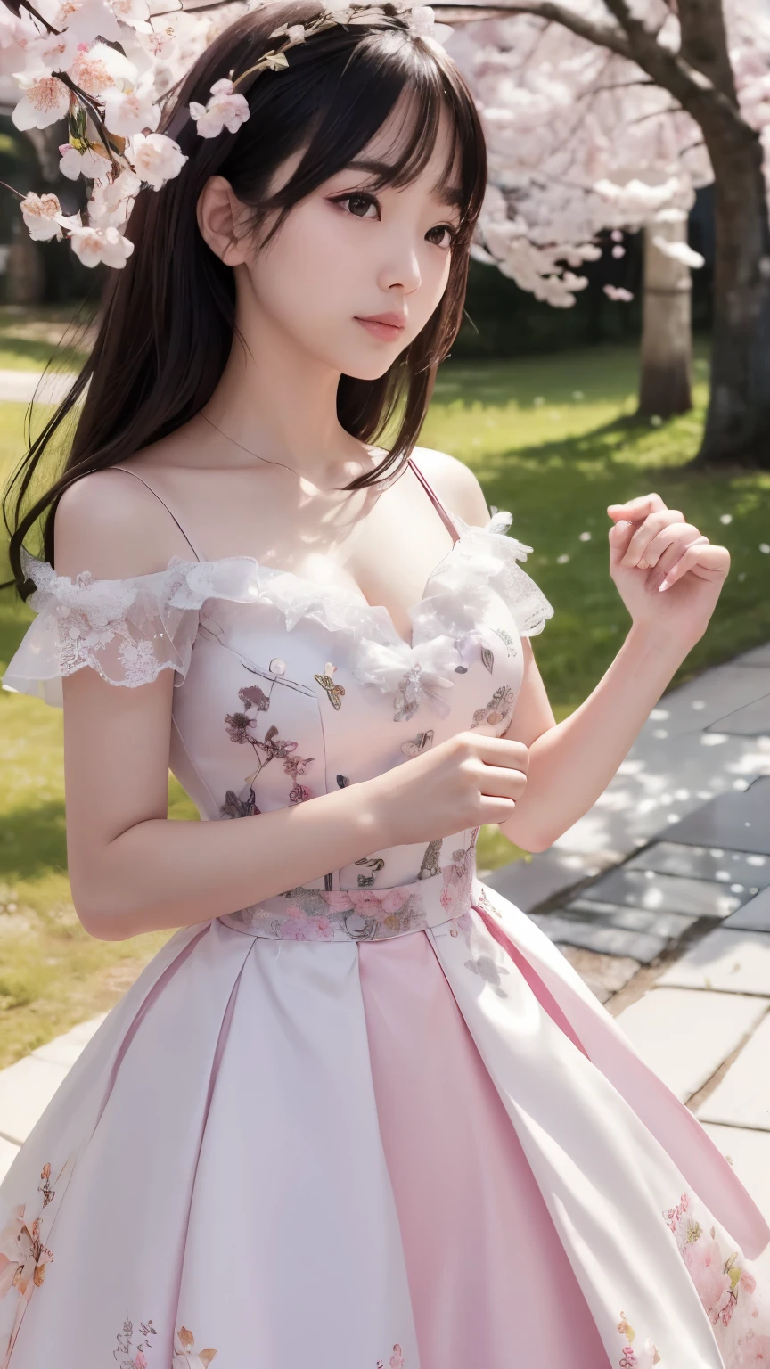 (logo、masterpiece、8k、Tabletop、RAW Photos、wonderful、最high quality、フォトリアリスティックでVery detailedな CG 統合 8k 壁紙、high quality、Very detailed、Narrative poem、Particle Effects、Dynamic Effects、Written boundary depth、Cinematic Light、Lens flare、Ray Tracing)、Fantasy、 (1 Beauty、dress、dress、Cherry blossom pattern、Black-haired、Beautiful Face、True Face、Beautiful details、eye、Beautiful Skin)、Hair flutters in Wind、Hair bounces、Pink cherry blossom tree、Petals flutter、SakuraFubuki、wonderful景色、Morning Glow、Sun in the background、Wind、