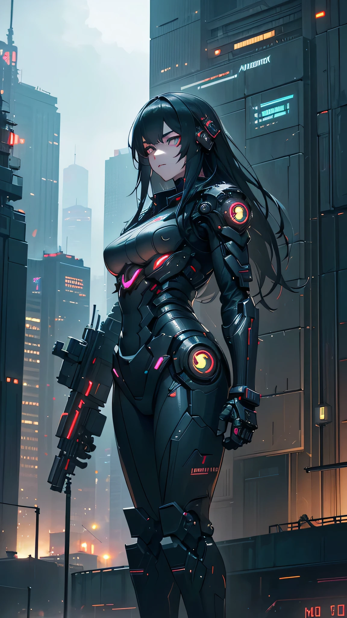 a highly detailed cyberpunk girl with a black mechanical mask, long black hair, in a cityscape with skyscrapers, (best quality,4k,8k,highres,masterpiece:1.2),ultra-detailed,(realistic,photorealistic,photo-realistic:1.37),dark moody lighting,intricate machinery,neon lights,dramatic pose,gritty industrial setting,advanced technology,futuristic architecture
