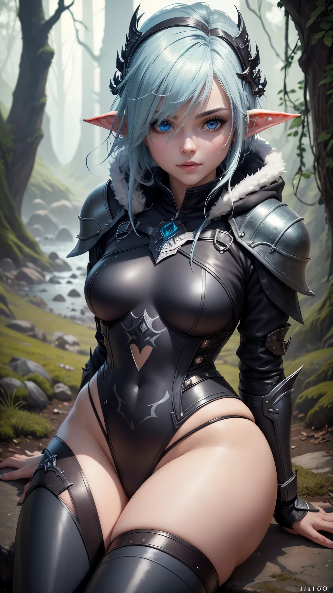 androide 18,yorha 2b,tracer,y'shtola rhul, Lord of the Rings,Warcraft,de cerca,bosque de invierno,magic elf forest,tatuajes de runas,plugsuit verde real y dorado,maillot manga corta elfo del bosque,capa de elfo real,armadura de elfo del bosque,micro shorts de licra,vientre descubierto,pelo corto de elfo,maquillaje de guerra,blue eyes,cabello plateado multicolor,guantes largos elfos,sonrisa sexy,pecas,hermosa chica,botas altas de elfo,Pechos grandes,8K,ultra detallado,realista,fantasy art,armadura vikinga,horquilla para el cabello,perforaciones en las orejas,(clima:lluvioso),1 chica,orejas de elfo,sosteniendo una daga de elfo,