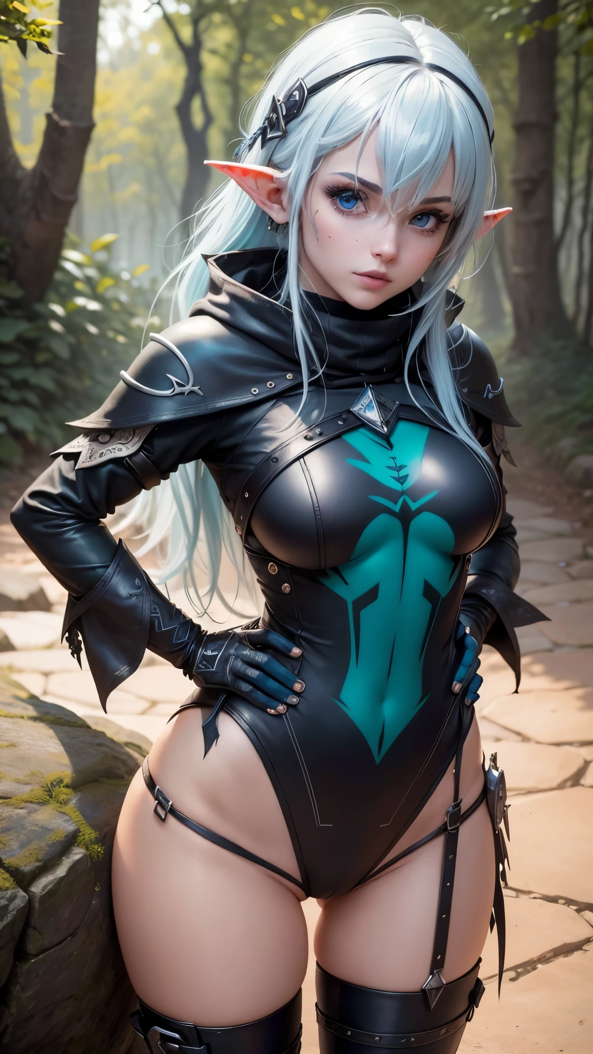 androide 18,yorha 2b,tracer,y'shtola rhul, Lord of the Rings,Warcraft,de cerca,bosque de invierno,magic elf forest,tatuajes de runas,plugsuit verde real y dorado,maillot manga corta elfo del bosque,capa de elfo real,armadura de elfo del bosque,micro shorts de licra,vientre descubierto,pelo corto de elfo,maquillaje de guerra,blue eyes,cabello plateado multicolor,guantes largos elfos,sonrisa sexy,pecas,hermosa chica,botas altas de elfo,Pechos grandes,8K,ultra detallado,realista,fantasy art,armadura vikinga,horquilla para el cabello,perforaciones en las orejas,(clima:lluvioso),1 chica,orejas de elfo,sosteniendo una daga de elfo,