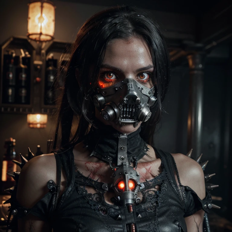 Demonic mechanical creepy aggressive necrophage zombie undead girl with scary red eyes, in a spiky mechanical gas mask with tubes, dark fantasy horror, Filigree, Aesthetically pleasing, Realistic, Professional photo, 4k, hight resolution, higly detailed, 30mm lens, 1/250s, f/2.8, ISO 100