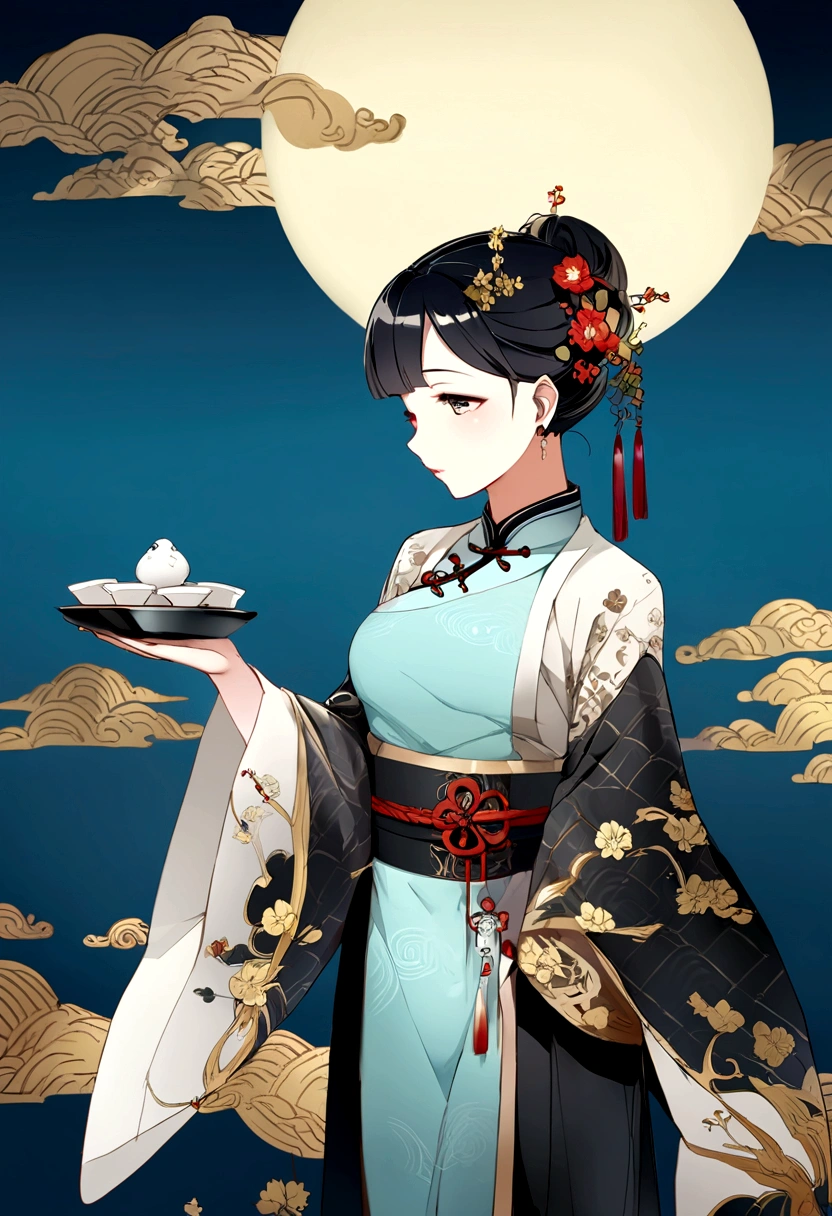 Mid-Autumn Festival,gourmet food{{Dumplings}},Tea,Full moon in the distance,Blue gradient background,Anatomically correct,high quality, best quality, high resolution, Chinese background