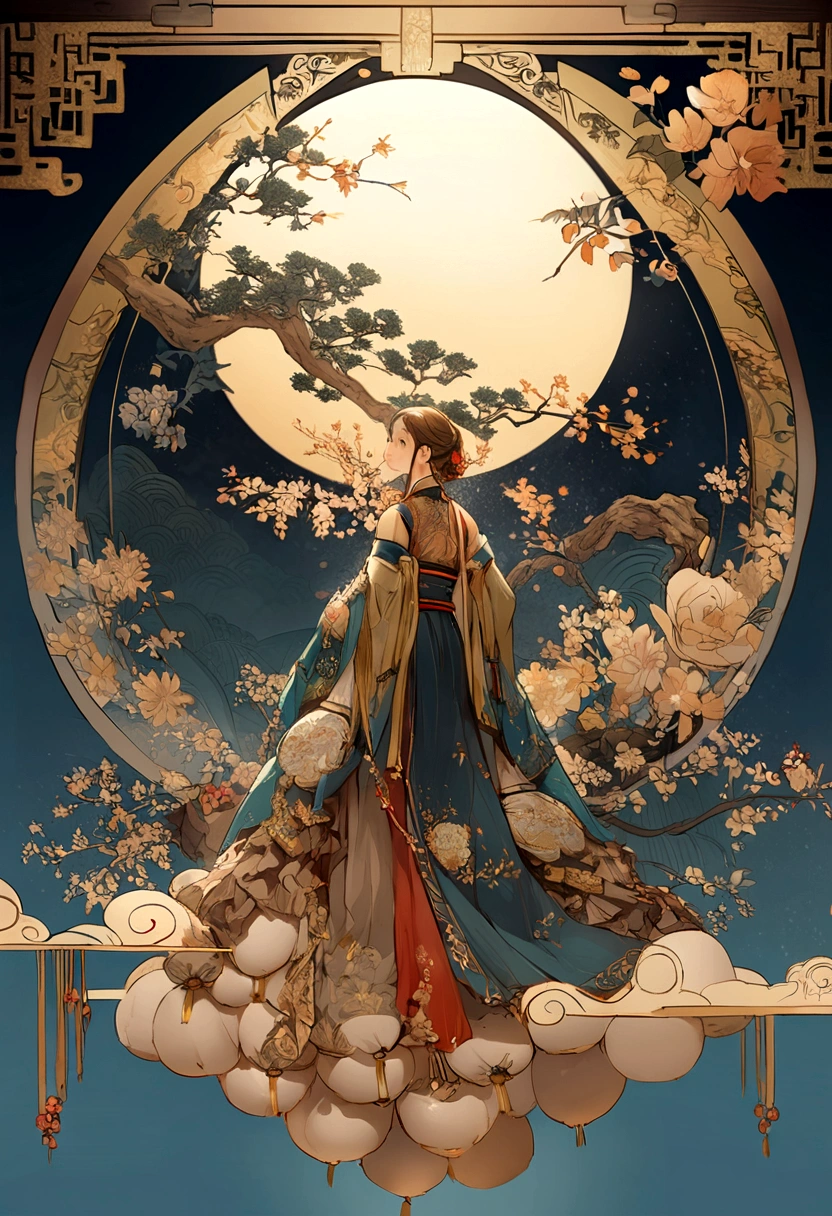 Mid-Autumn Festival,gourmet food{{Dumplings}},Tea,Full moon in the distance,Blue gradient background,Anatomically correct,high quality, best quality, high resolution, Chinese background