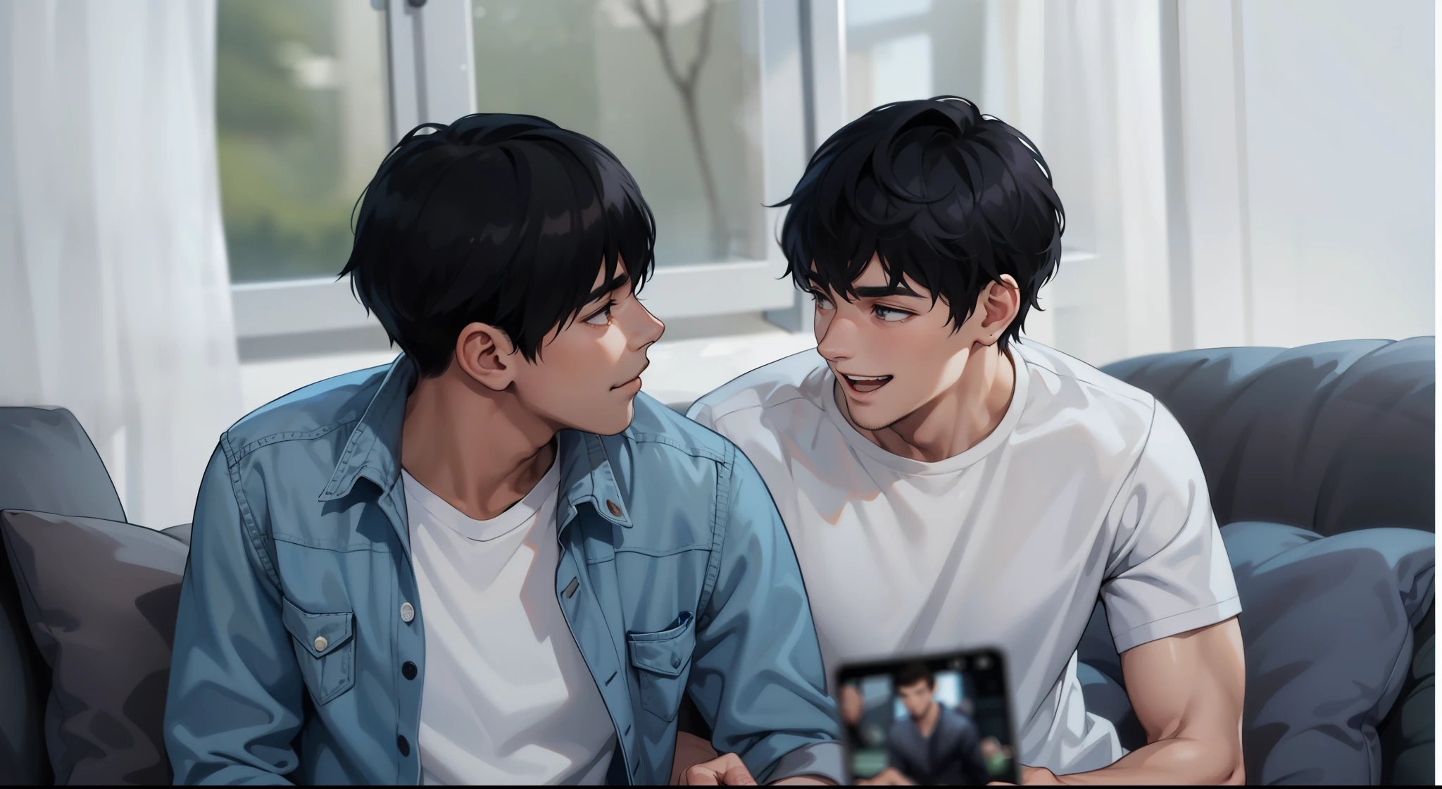 There are two handsome 18-year-old men, one of them is smiling, the other is worried and afraid.