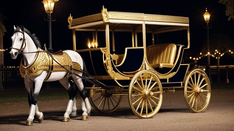 front view, There is a two-horse carriage, (((Two horses are pictured:1.3))), (((4 wheels carriage:1.3))) night, in front of the royal palace, The carriage seats four people, Go everywhere-It is elegantly decorated, cinematic lighting, elegant and ornate, ornate with 4 gold trimmings, exquisitely ornate, ornate and elegant, ornate gold, highly ornate, gilded with gold, regency-era, extremely opulent, ornate gilded details, ornate and flowing, carriage made of pumpkins, ornate and detailed