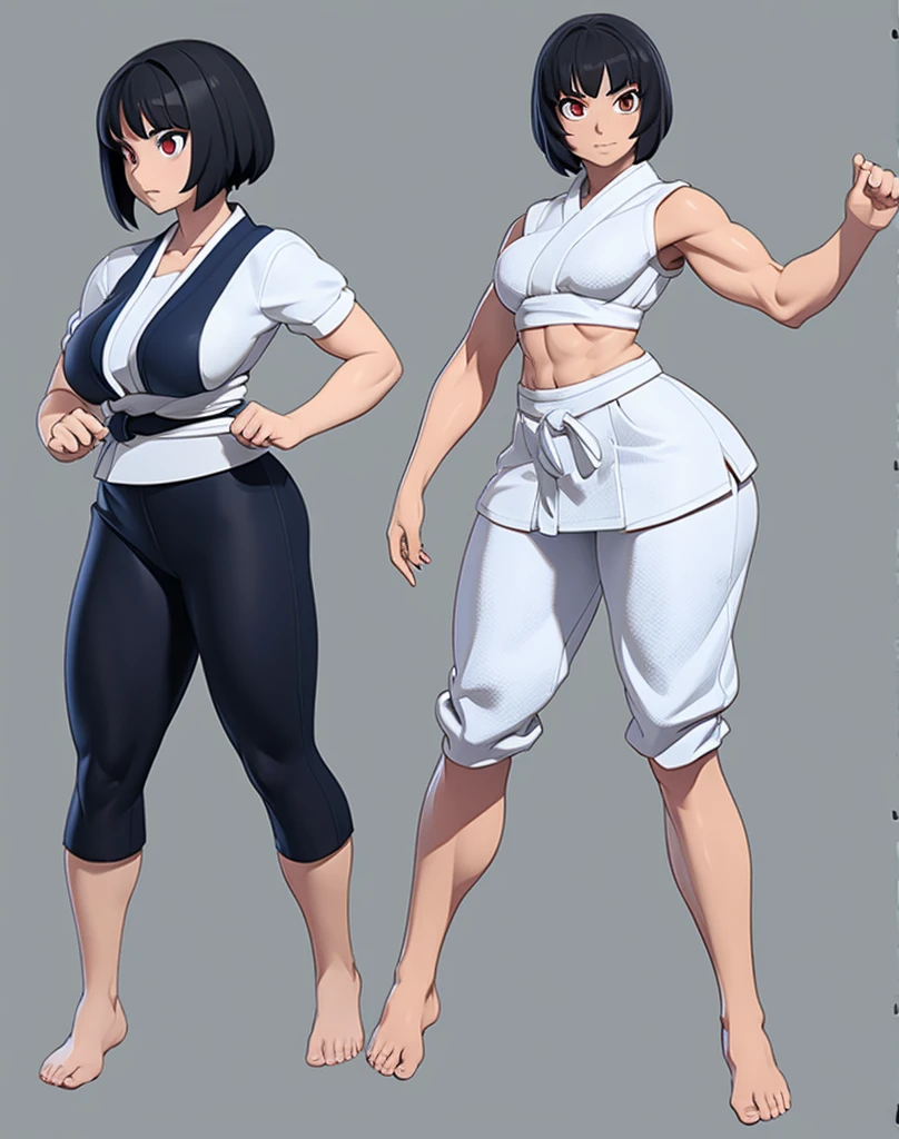 Anime woman, skimpy clothes, slightly muscular, front and back, big ass, small waist, curvy, 3d rendering, white karate outfit, black hair, barefoot, feet visible