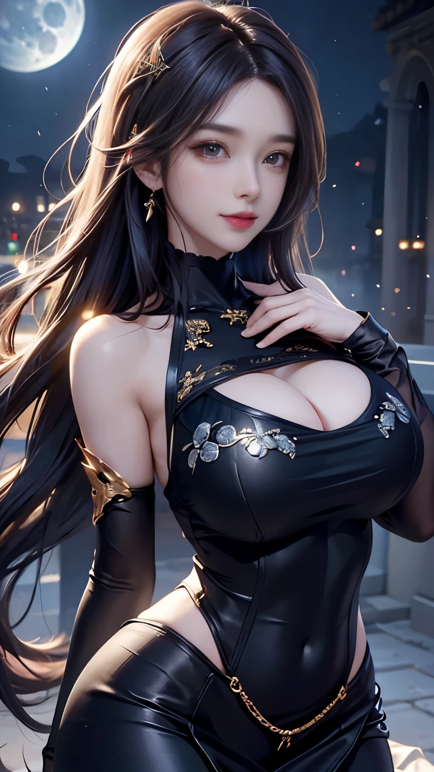 (logo, masterpiece, 8K, Tabletop, RAW Photos, wonderful, 最high quality, Photorealistic and very detailed CG composite 8k wallpaper, high quality, Very detailed, Narrative poem, Particle Effects, Dynamic Effects, Depth of the Boundary, What is written i, Cinematic Light, Lens flare, Ray Tracing), high detail skin, (very fine, fine skin texture, intricate details, beautiful face, (realistic face), realistic eyes, beautifully detailed eyes, realistic skin, beautiful skin, surreal, very detailed Golden ratio, smiling eyes, ((night moonlight background) )), body portrait, G cup, big breasts, huge breasts, big breasts, glamorous, sexy knit dress,