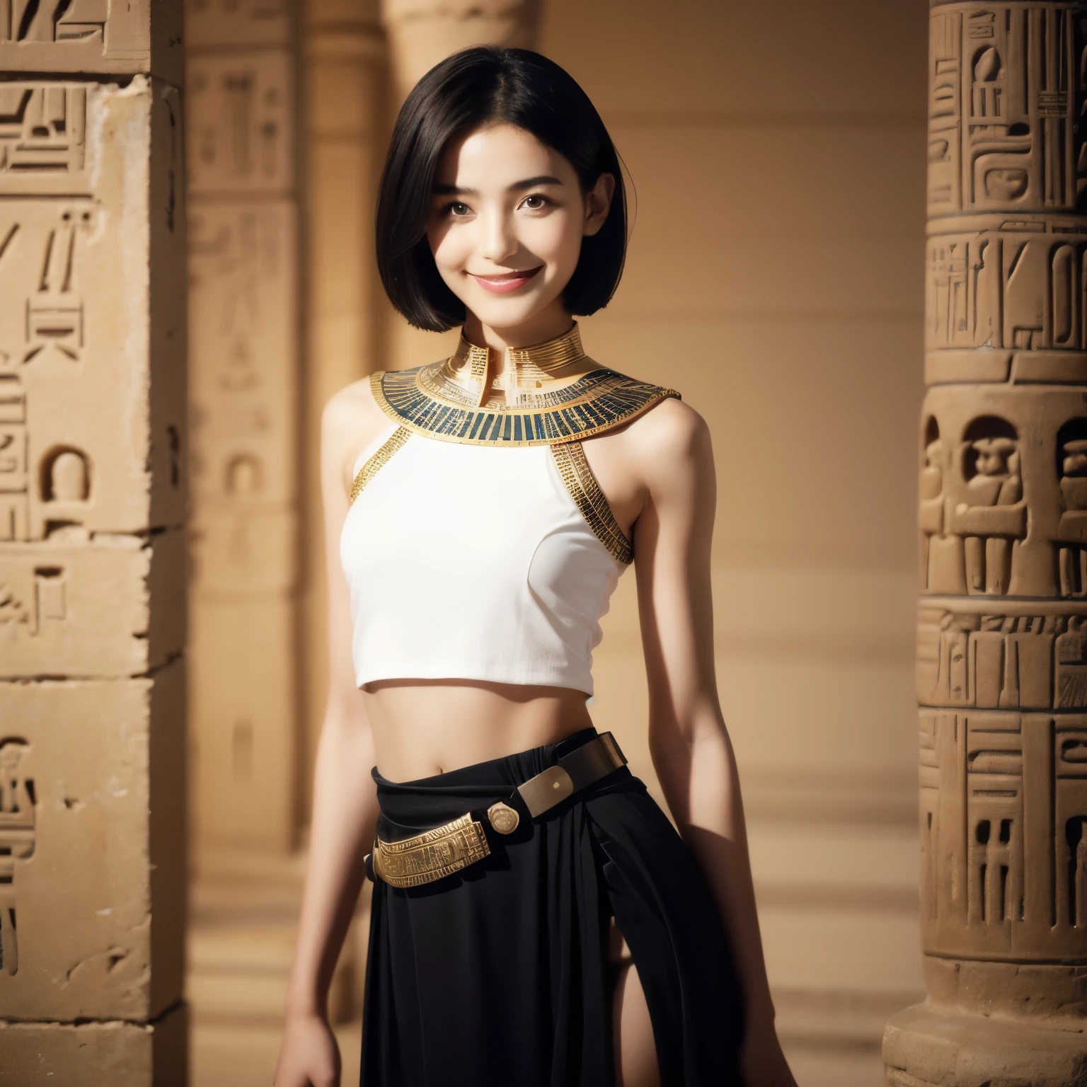 243 20-year-old female, short hair,kind, lipstick, Egyptian civilization, Waist belt, Hieroglyphics, smile