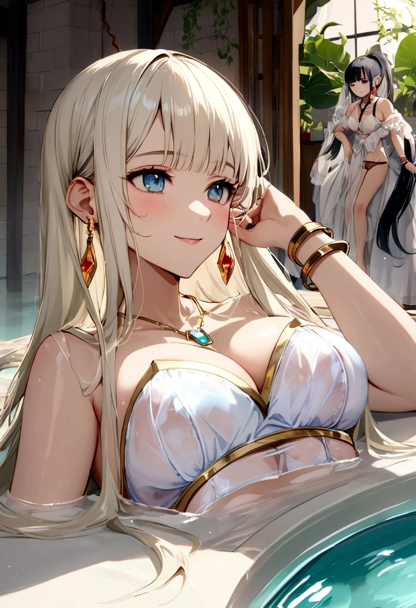 2 位Very漂亮的瑞典16 歲漂亮的女孩、 white blond hair、 (( Sexy and gorgeous transparent underwear and panties with gold rims))、(Colorful transparent underwear and panties) 、Very、 shiny skin、 white skinned、 a smile、 beautiful bangs、 long and straight、 2位絲般美麗的white blond hair女郎、 shiny hair、 Extra long ponytail、 Eyeliner、 a small face、 Extra large firm breasts、 crystal clear ocean blue eyes、 shining with beautiful light、 Earrings, pendants, headwear and bracelets hanging from the ears、beautiful and smart girl、 Take a group photo of your upper body lying down in an indoor bath、 Looking to the future