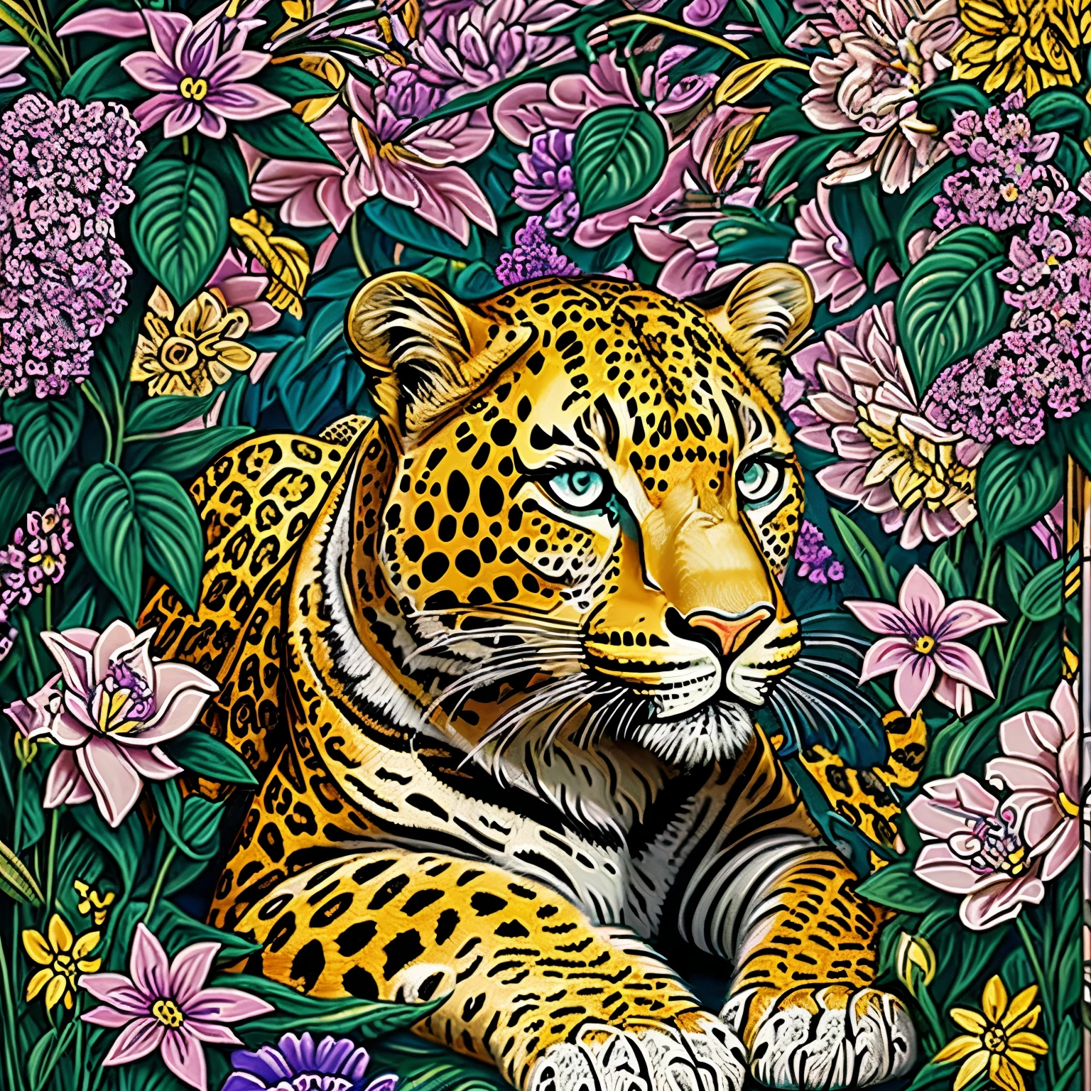 Detailed, high quality, careful drawing of details, fine work, artificial, jewelry work, a full-length leopard sits regally among the flowers in a painting in the style of pop art by Annabel Kidston, winner of the behance competition, in the nominations "naive art", "maximalism", "fauvism", "pop art".