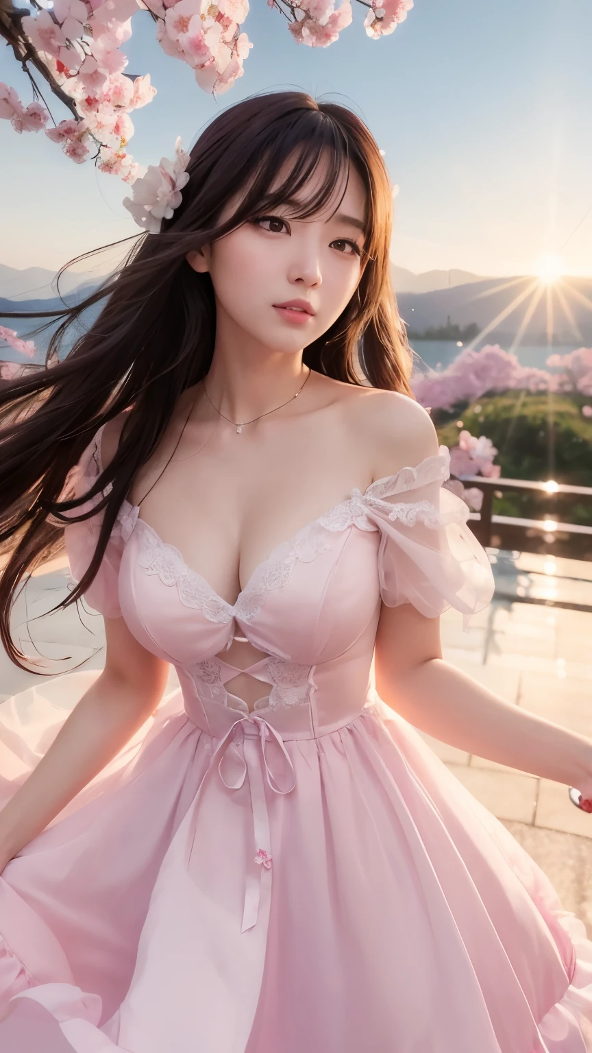 (logo、masterpiece、8k、Tabletop、RAW Photos、wonderful、最high quality、フォトリアリスティックでVery detailedな CG 統合 8k 壁紙、high quality、Very detailed、Narrative poem、Particle Effects、Dynamic Effects、Written boundary depth、Cinematic Light、Lens flare、Ray Tracing)、Fantasy、 (1 Beauty、dress、dress、Cherry blossom pattern、Black-haired、Beautiful Face、True Face、Beautiful details、eye、Beautiful Skin)、Hair flutters in Wind、Hair bounces、Pink cherry blossom tree、Petals flutter、SakuraFubuki、wonderful景色、Morning Glow、Sun in the background、Wind、