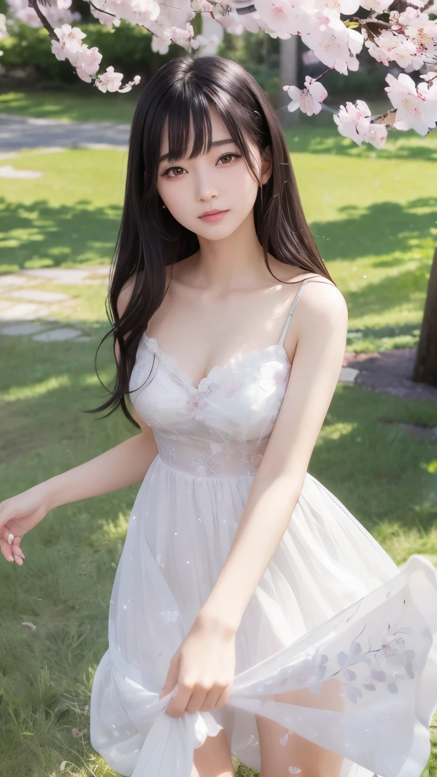 (logo、masterpiece、8k、Tabletop、RAW Photos、wonderful、最high quality、フォトリアリスティックでVery detailedな CG 統合 8k 壁紙、high quality、Very detailed、Narrative poem、Particle Effects、Dynamic Effects、Written boundary depth、Cinematic Light、Lens flare、Ray Tracing)、Fantasy、 (1 Beauty、dress、dress、Cherry blossom pattern、Black-haired、Beautiful Face、True Face、Beautiful details、eye、Beautiful Skin)、Hair flutters in Wind、Hair bounces、Pink cherry blossom tree、Petals flutter、SakuraFubuki、wonderful景色、Morning Glow、Sun in the background、Wind、