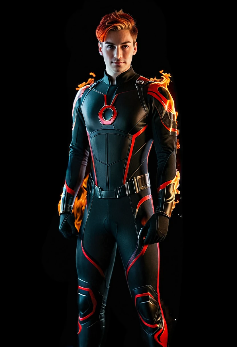 arafed man in a costume standing in front of a black background, man in full body suit, superhero, marvel character, tight neopren suit, marvel costumes, highly detailed, in style of marvel, cinematic photo (fire_hair:1.9), 1man, fire made costume, red eyes, fire flowing from his hands, full shoot shoot, realistic, professional photography, fire element, composed of fire elements hrglw, Canon50, short hair, (Raytracing), (real lighting:1.2), (realistic lighting:1.5), (real ilumination:1.2), (realistic ilumination:1.5), (shadows:1.2),(real shadows), (atmospheric light:1.2), 35mm photograph, film, bokeh, professional, 4k, highly detailed