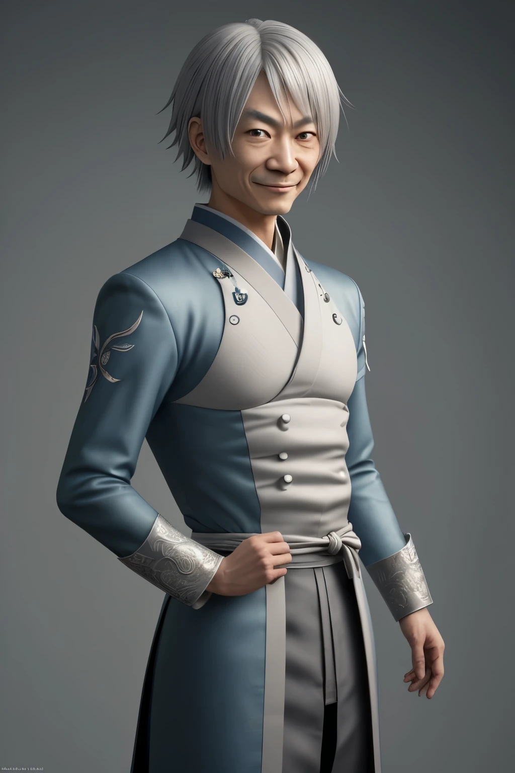Kazuha from Genshin Impact, rendered in full HD with an ultra-realistic style. His character design is meticulously detailed, capturing the essence of his eccentric yet endearing appearances. With a mischievous grin and striking silver hair, Kazuha's gaze seems to pierce the screen, creating an intimate connection with the viewer. His elegant Anemo bending clothes billow softly, hinting at the dynamic energy he wields. This stunning artwork, akin to a high-quality film still, showcases the remarkable attention to detail in Kazuha's visual design, making it a must-see for any Genshin Impact fan.