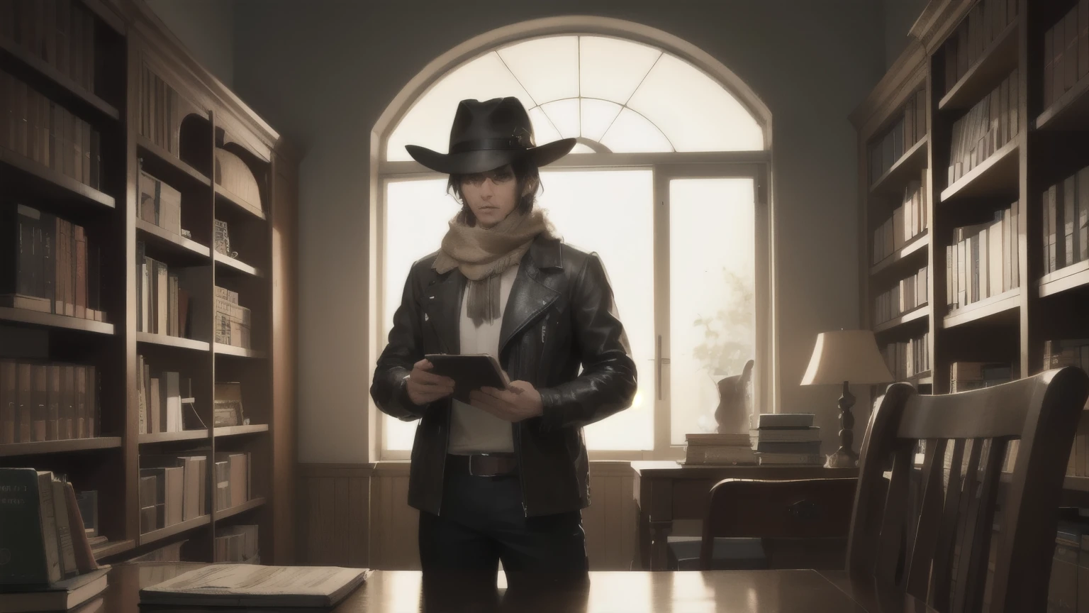 imagine an intrepid character in a large library, dressed in a fedora hat, weathered leather jacket and a scarf around his neck. This fearless adventurer is standing books on the shelf. a radio on the table stands out.  This image captures the essence of the adventurous spirit