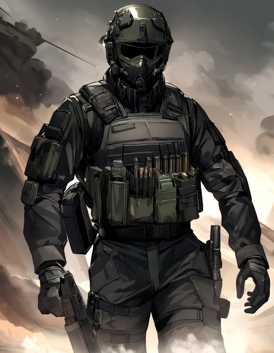 corpo todo, Um SELO da Marinha. Dressed in a stylish black tactical uniform and combat gear. Wears a tactical vest adorned with ammunition and equipment pouches. Ele incorpora as qualidades de um guerreiro altamente treinado e habilidoso.