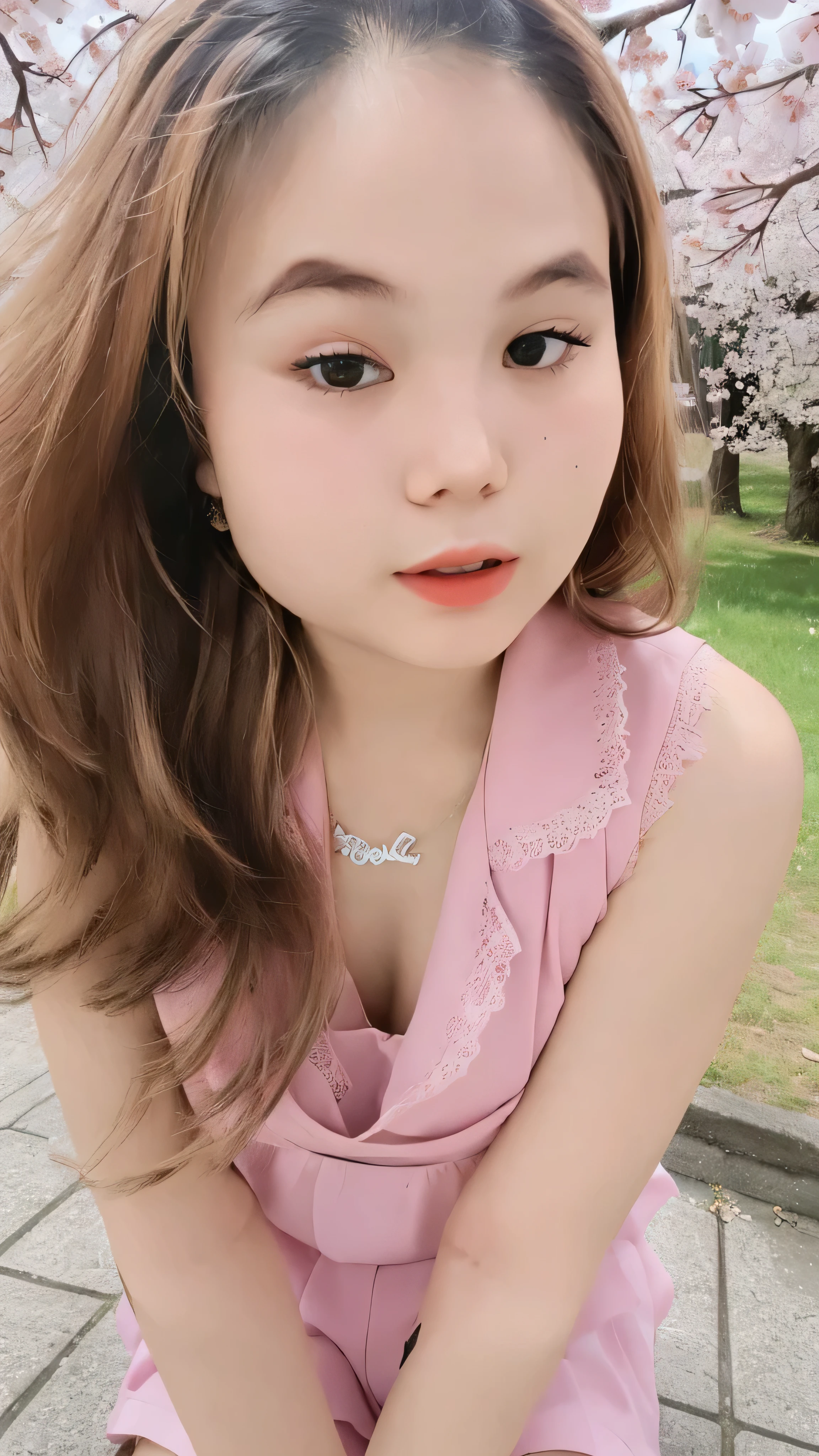 (super highest quality:1.3) (very realistic, Photoreal:1.3), (Realistic and very high quality:1.3), soft light, (brown hair, 1 girl, highly detailed eyes and face, beautifully detailed nose, thin and beautiful eyes, Pure beauty, cute, young, (smaller and flat chest), realistic face, realistic body, beautiful thigh, lace camisole top, mini skirt, full-body porttrait, , sitting, open legs, cherry blossom background