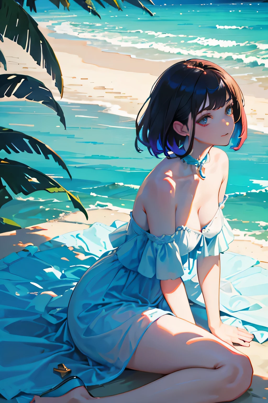 (Best lighting, Best Shadow, masterpiece, high quality), colorful, Vibrant, Summer mood, Many bright colors, Beautiful woman in light summer clothes, Hair loss, Sit on the clear water and white sand, Bright blue sky.