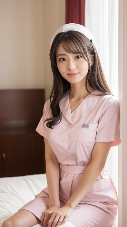 highest quality、8k wallpaper、Reality:1.4、Cinema Lighting、View your viewers、background:An all-white room、1 beautiful girl、Japanese Idol、30 years old、Beautifully detailed eyes、Detailed face、Beautiful Skin、Slender、Slim waist、Thin legs、Light Hair、Japanese Nurse、Light pink nurse uniform、Light pink nurse cap、smile:1.5、Seductive pose
