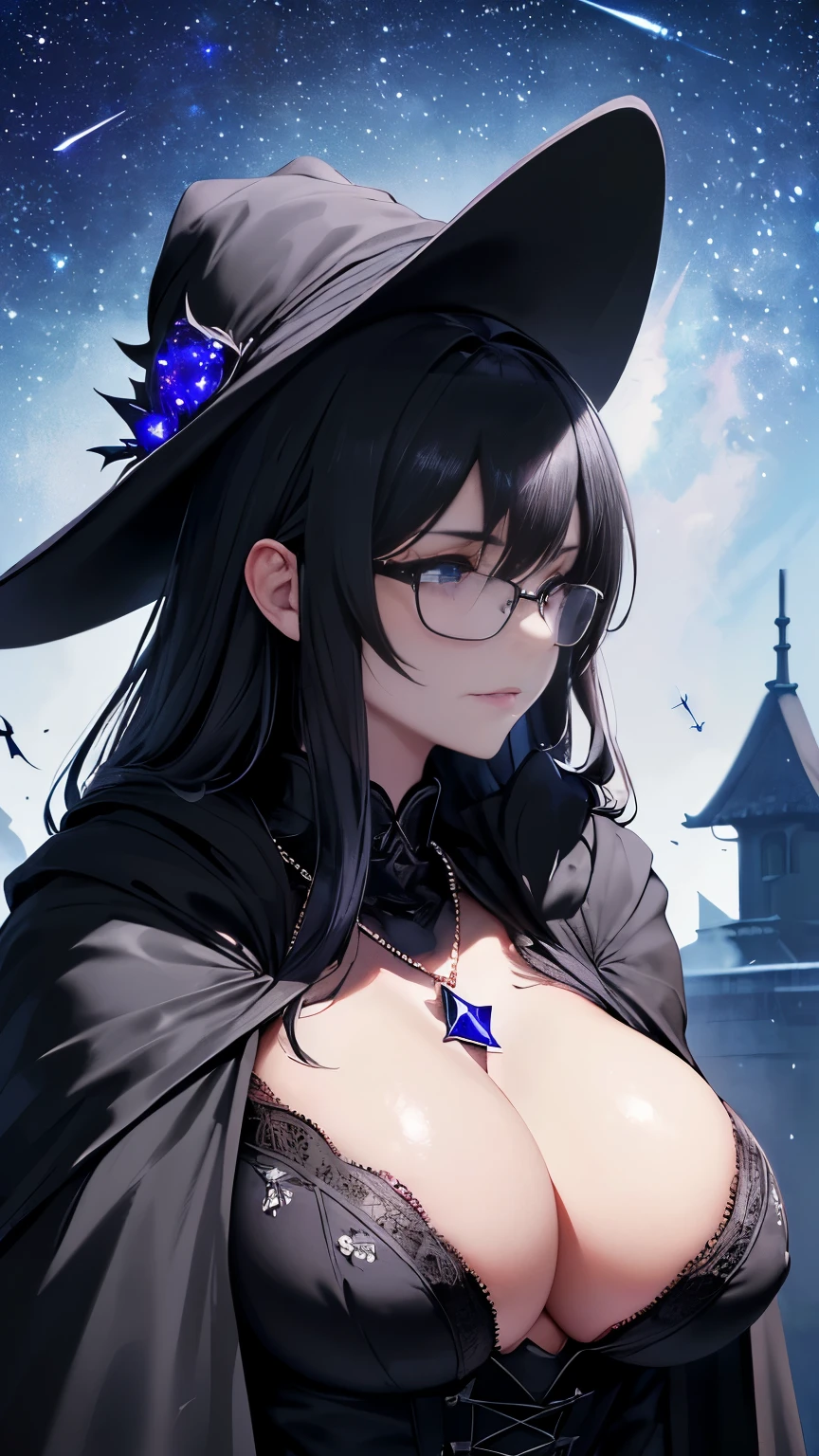 (Fatal Beauty,A charming villain,witch) ,(A supple and powerful physique),(Sensual charm),(Mysterious charm:1.1),(Captivating silhouette),(highest quality,High resolution:1.2),(dark,Threatening:1.1),((dark horror theme:1.5),(Thriller:1.5)),(Dark fantasy:1.5), (((Countless stars fly away:1.5),(Absurd:1.5),(wonderful:1.5))),Woman in a dress, ((((Glasses))))、((((big sapphire necklace))))、(Powerful numbers:1.1),(((Big Breasts))),(((Fiery crown:1.1))),prime color,Urban,Very detailed,masterpiece,Intricate details,Faded,Very detailed, Eye for details,Intricate details,暗くてSpooky atmosphere, Spiritual Beings, Unforgettably beautiful, Ghostly figures, Shadow-like shape, Spooky whispers, Ominous Aura, Goth Maiden, Very darkHer eyes, Like dazzling fur in a starless haze,Her Mogul Snaps, Mysterious Cemetery,Black hair swaying in the moonlight, She summons darkness, (beautiful: 1.7), (Black Hat: 1.6), (An intricately decorated jet-black cloak: 1.6), (Delicately decorated cloak, Despite the damage: 1.5), Hypermaximalist, Breathtaking oil paintings, Surreal, Ultra-realistic digital illustrations that mimic the style of oil paintings, A seamless blend of Alex Grey's psychedelic visionary art and H's physical and mechanical aesthetic..r. Giger. wonderful構成, (Shining Eyes:1.6)、(Glowing Eyes:1.1),(hellish landscape:1.1),(fire,sulfur:1.1),(Threatening atmosphere:1.1),(dark shadows,Threatening presence:1.1),(Unlucky Clouds,Stormy Skies:1.1),(dark,Spooky atmosphere:1.1),(Aura of misfortune,Evil energy:1.1),(dark aura,cigarette:1.1),(Extreme heat,Burning Flames:1.1),(Nightmare Visions:1.1),(Predicting the end:1.1),(Whispers of misfortune,Devilish Laugh:1.1),(Cry of pain,echoing screams:1.1),(Bad luck symbol,Ancient runes:1.1),(Mysterious relic,dark art ifacts:1.1),(Infernal ritual,ritual sacrifice:1.1),(Eternal ruin,A hopeless existence:1.1), Inspired by abandoned mech backgrounds. Art created by Craig Mullins, Necrostyle., Detailed Description, Future Scholars