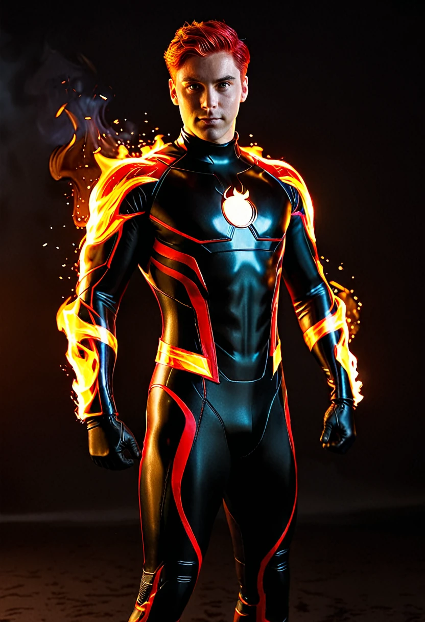 arafed man in a costume standing in front of a black background, man in full body suit, superhero, marvel character, tight neopren suit, marvel costumes, highly detailed, in style of marvel, cinematic photo (fire_hair:1.9), 1man, fire made costume, red eyes, fire flowing from his hands, full shoot shoot, realistic, professional photography, fire element, composed of fire elements hrglw, Canon50, short hair, (Raytracing), (real lighting:1.2), (realistic lighting:1.5), (real ilumination:1.2), (realistic ilumination:1.5), (shadows:1.2),(real shadows), (atmospheric light:1.2), 35mm photograph, film, bokeh, professional, 4k, highly detailed