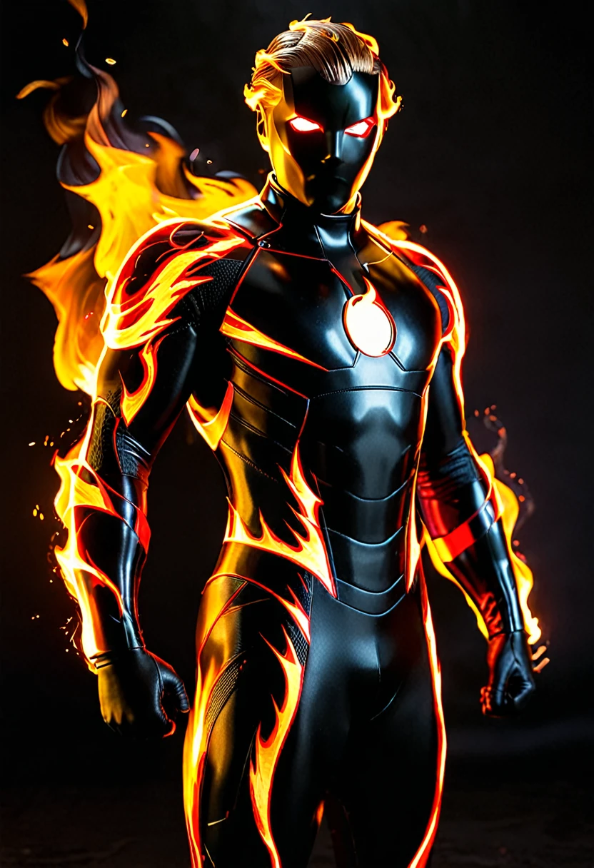 arafed man in a costume standing in front of a black background, man in full body suit, superhero, marvel character, tight neopren suit, marvel costumes, highly detailed, in style of marvel, cinematic photo (fire_hair:1.9), 1man, fire made costume, red eyes, fire flowing from his hands, full shoot shoot, realistic, professional photography, fire element, composed of fire elements hrglw, Canon50, short hair, (Raytracing), (real lighting:1.2), (realistic lighting:1.5), (real ilumination:1.2), (realistic ilumination:1.5), (shadows:1.2),(real shadows), (atmospheric light:1.2), 35mm photograph, film, bokeh, professional, 4k, highly detailed