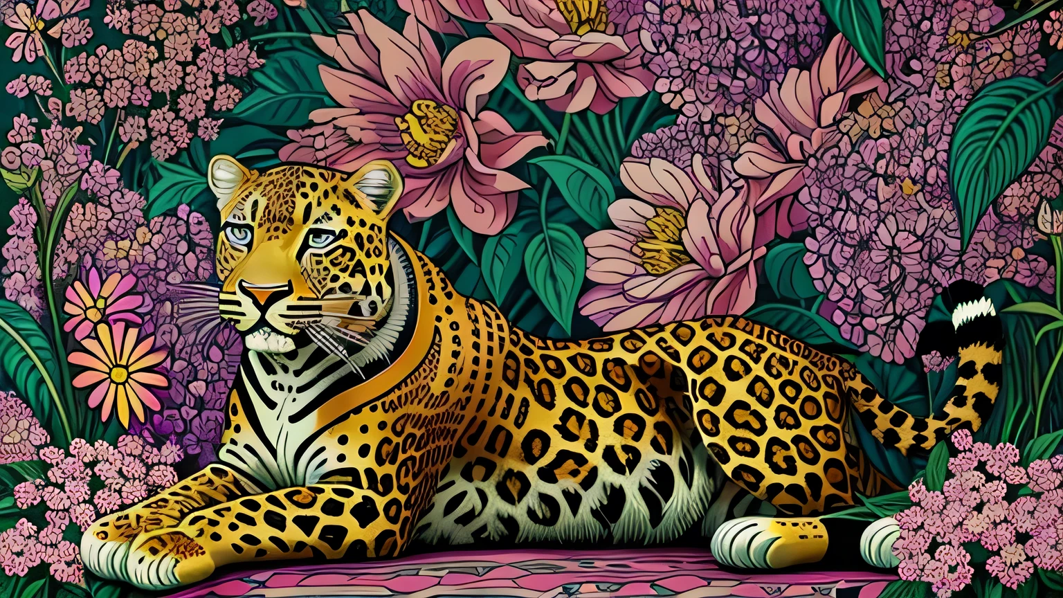 Detailed, high quality, careful drawing of details, fine work, artificial, jewelry work, a full-length leopard sits regally among the flowers in a painting in the style of pop art by Annabel Kidston, winner of the behance competition, in the nominations "naive art", "maximalism", "fauvism", "pop art".