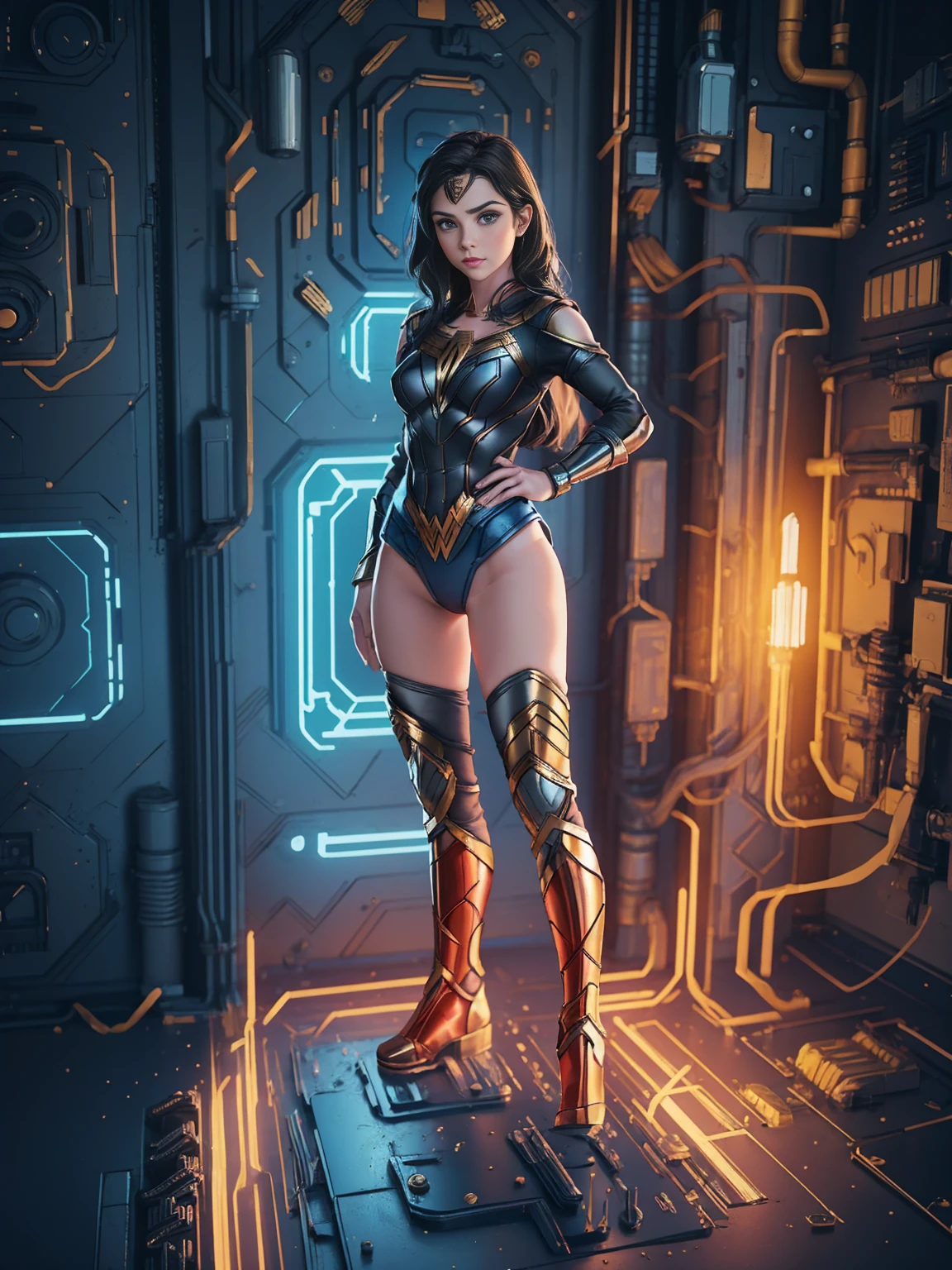 ((Full body photo, standing, feet on the ground)) 1girl, solo, ((leotard, bare legs)), boots, standing, hands on hip, Wonder Woman