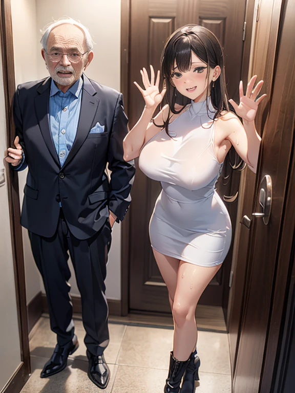 perfect human body, 1 old man, 1 girl、couple、hetero、 software, ((realistic)), (highly detailed background、In front of the door of the Bathroom), ((short girl, 、transparent mini sexy dress woman), (((Stand next to the girl、old man putting his hand on girl's shoulder))), ((woman waving)), ((Sweat,vapor,))), big breasts、((expression of fear)), (blushing face), old man standing next to a girl、vulgar laughing man, Embarrassed, wife cheating, Caught in the act, full naked, Sharing wife, old man and girl, girl fitness muscular legs, high quality ultra-detailed, definition 4k ultra, couple in love, Man lifting woman's dress, woman Erect nipples, decollete big, age difference, Girl with sexy face, raped girl, striptease, Girl raped by several old men, slut girl, woman boots out, full body, woman no panties, girl with two old men, sexy girl, 5