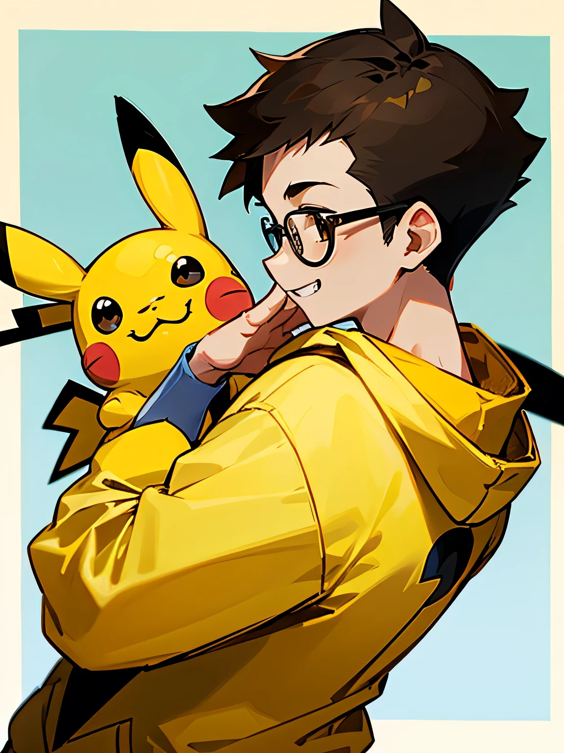 sideview,pikachu(pokemon),(chibi),solo,standing,upper body,1boy,brown short hair,back cut,sidecut,glasses,grin,yellow hoodie, face planning something, cool pose,