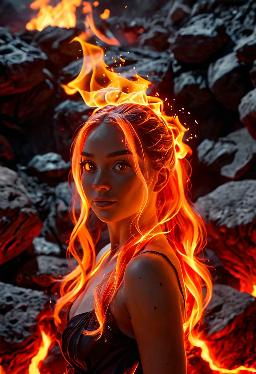 cinematic photo (fire_hair:1.9), 1woman, fire waifu, fire made tube dress, inside lava pool (relaxed), red eyes, cute eyes, lava flowing from her hands, full shoot shoot, realistic, professional photography, fire element, composed of fire elements hrglw, Canon50, long length hair to hip, high ponytail, wisps hair, (Raytracing), (real lighting:1.2), (realistic lighting:1.5), (real ilumination:1.2), (realistic ilumination:1.5), (shadows:1.2),(real shadows), (atmospheric light:1.2), 35mm photograph, film, bokeh, professional, 4k, highly detailed