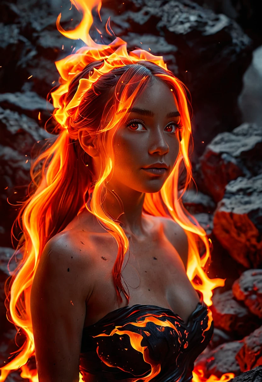 cinematic photo (fire_hair:1.9), 1woman, fire waifu, fire made tube dress, inside lava pool (relaxed), red eyes, cute eyes, lava flowing from her hands, full shoot shoot, realistic, professional photography, fire element, composed of fire elements hrglw, Canon50, long length hair to hip, high ponytail, wisps hair, (Raytracing), (real lighting:1.2), (realistic lighting:1.5), (real ilumination:1.2), (realistic ilumination:1.5), (shadows:1.2),(real shadows), (atmospheric light:1.2), 35mm photograph, film, bokeh, professional, 4k, highly detailed