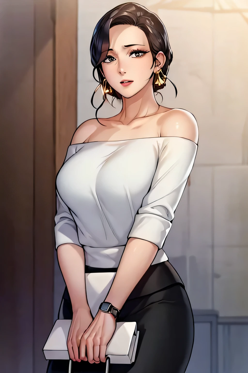 masterpiece, best quality, highres,st1, short hair, hoop earrings, black skirt, wristwatch, off-shoulder sweater, pencil skirt, collarbone, large breasts, cowboy shot, standing