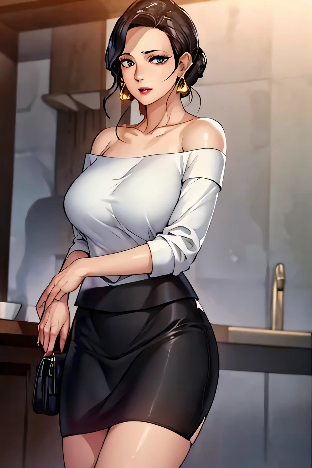 masterpiece, best quality, highres,st1, short hair, hoop earrings, black skirt, wristwatch, off-shoulder sweater, pencil skirt, collarbone, large breasts, cowboy shot, standing